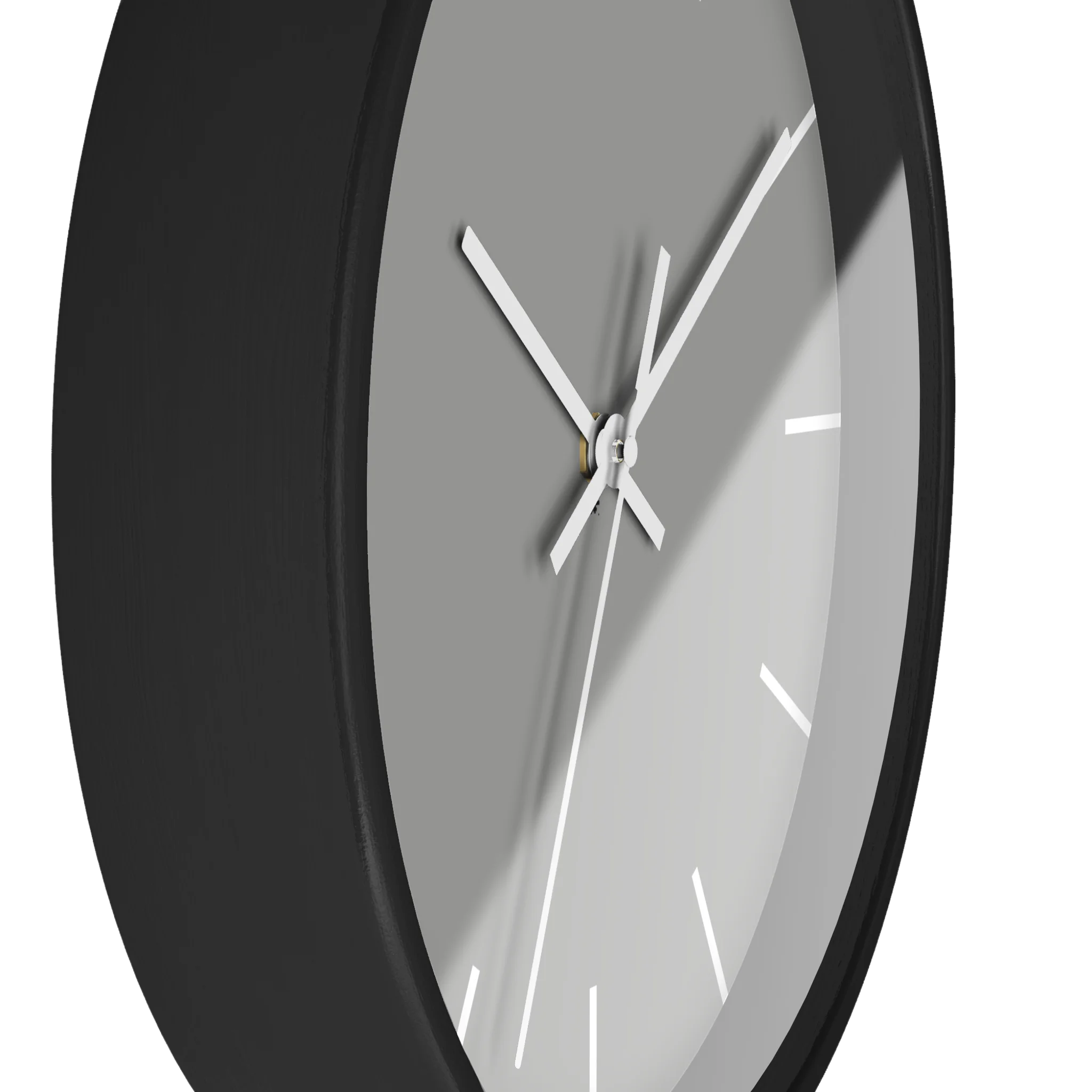 Stardust grey silent wall clock, black base, white hands, white markers, 10 inch, side view.