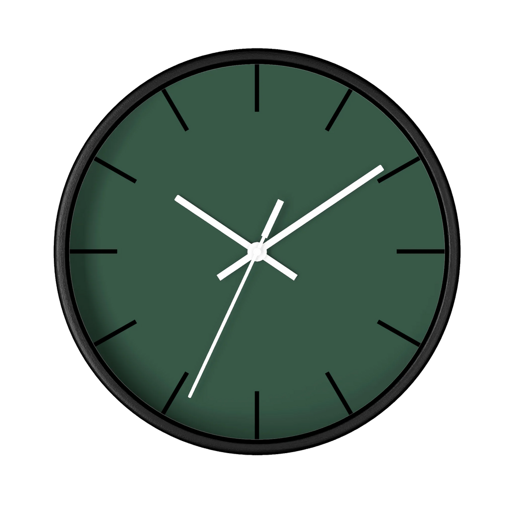 Stromboli green silent wall clock, black base, white hands, black markers, 10 inch, front view.