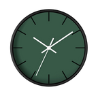 Stromboli green silent wall clock, black base, white hands, black markers, 10 inch, front view.