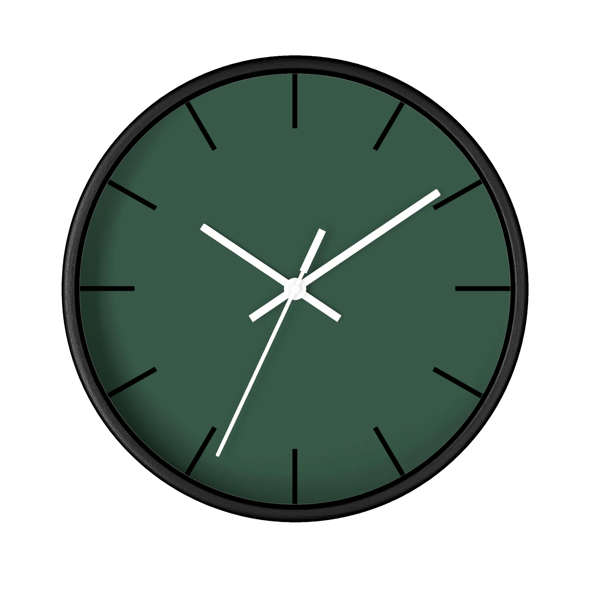 Stromboli green silent wall clock, black base, white hands, black markers, 10 inch, front view.