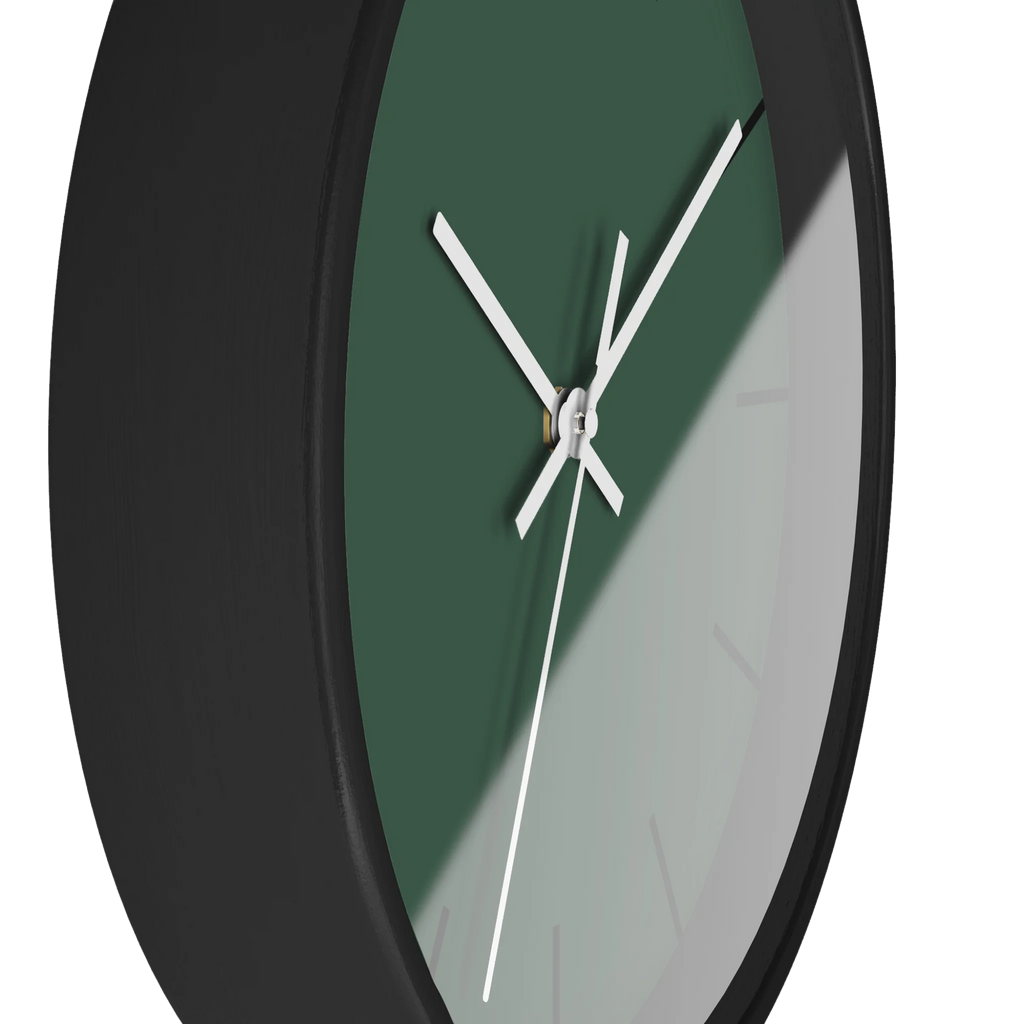 Stromboli green silent wall clock, black base, white hands, black markers, 10 inch, side view.