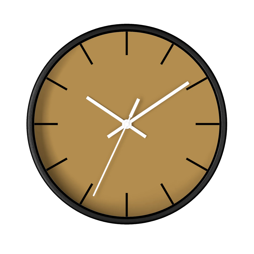 Tan driftwood brown silent wall clock, black base, white hands, black markers, 10 inch, front view.