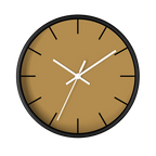 Tan driftwood brown silent wall clock, black base, white hands, black markers, 10 inch, front view.