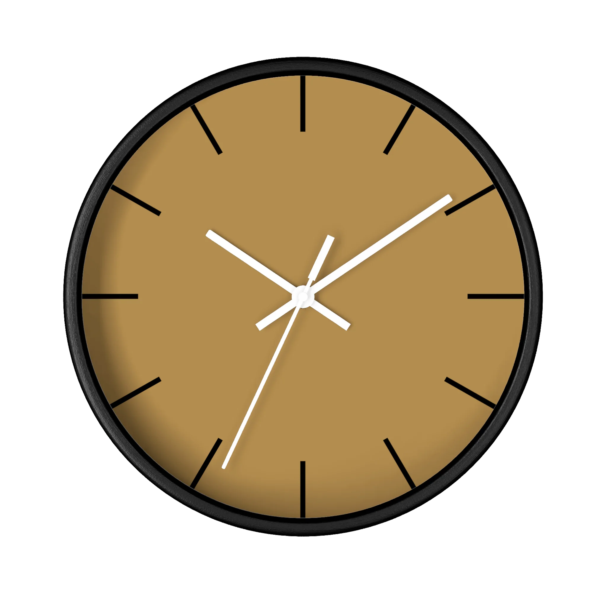 Tan driftwood brown silent wall clock, black base, white hands, black markers, 10 inch, front view.