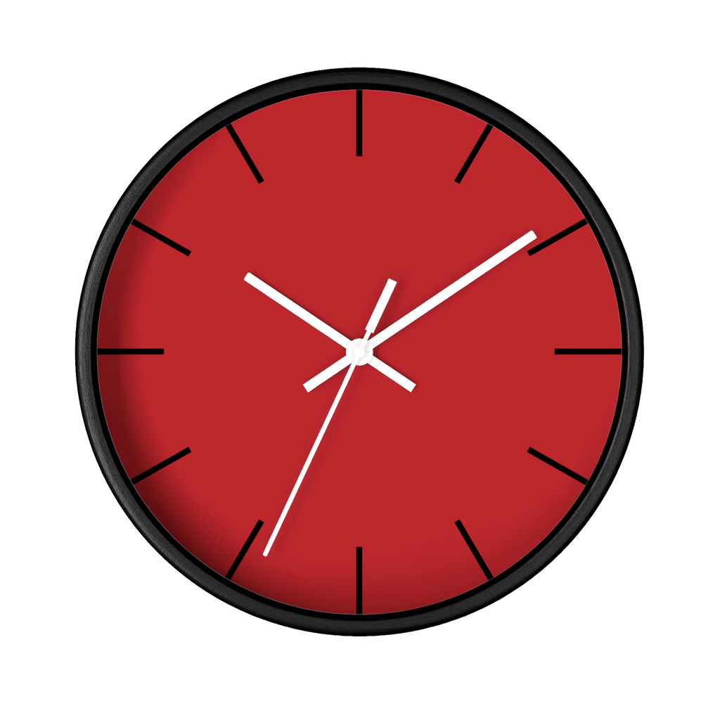 Traditional Red silent wall clock, black base, white hands, black markers, 10 inch, front view.