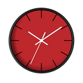 Traditional Red silent wall clock, black base, white hands, black markers, 10 inch, front view.