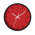 Traditional Red silent wall clock, black base, white hands, black markers, 10 inch, front view.
