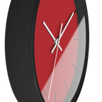 Traditional Red silent wall clock, black base, white hands, black markers, 10 inch, side view.