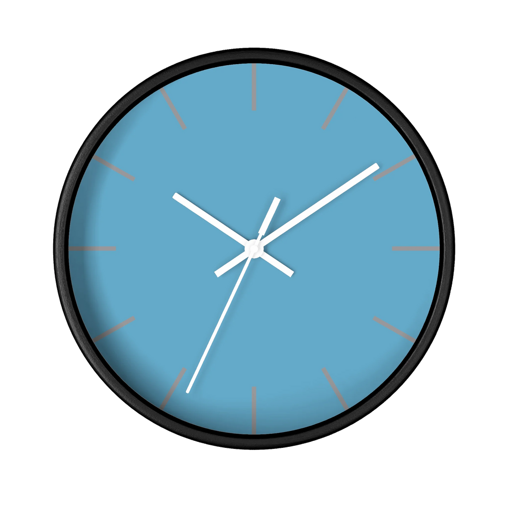 Vintage aqua silent wall clock, black base, white hands, light grey markers, 10 inch, front view.