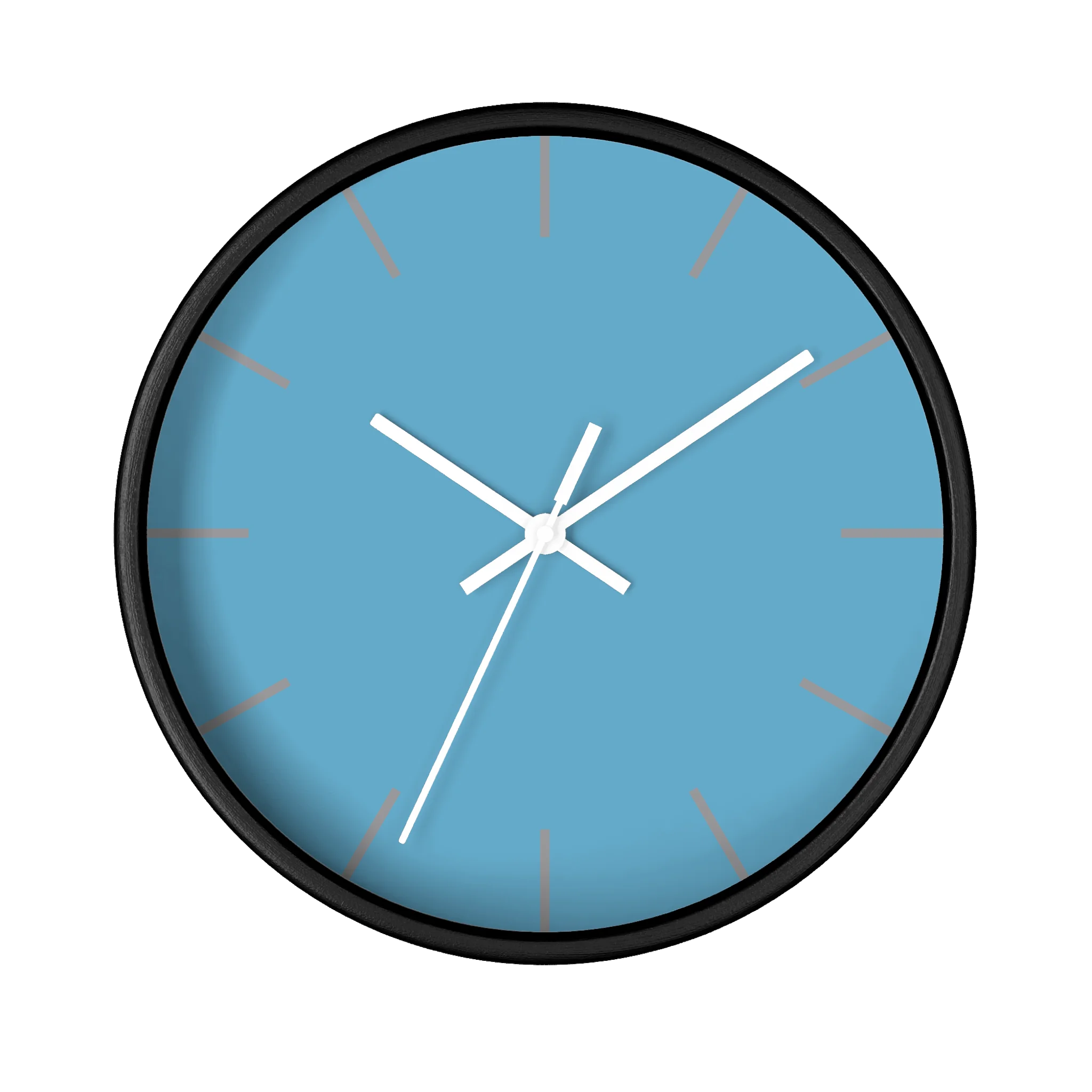Vintage aqua silent wall clock, black base, white hands, light grey markers, 10 inch, front view.