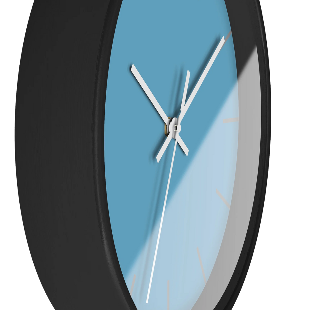Vintage aqua silent wall clock, black base, white hands, light grey markers, 10 inch, side view.