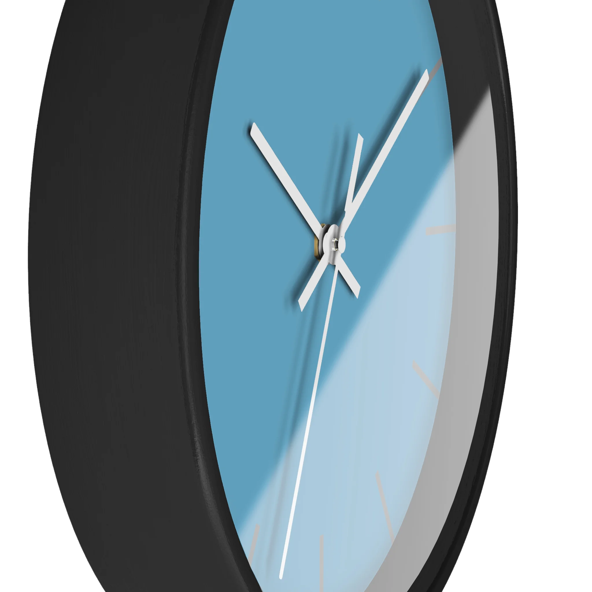 Vintage aqua silent wall clock, black base, white hands, light grey markers, 10 inch, side view.