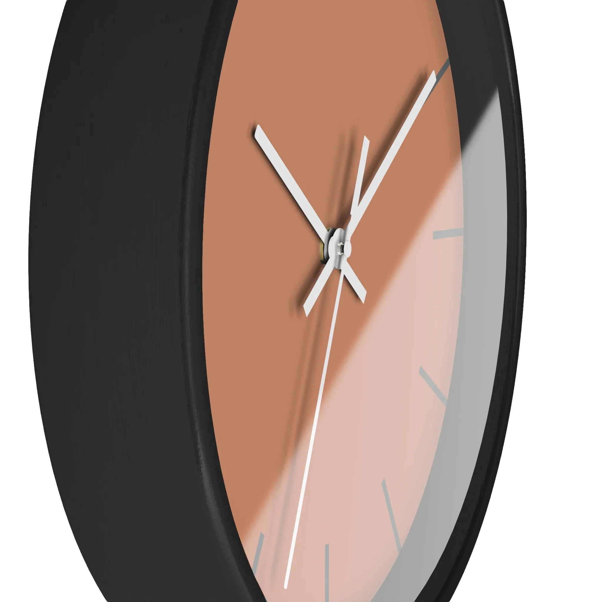 Vintage salmon silent wall clock, black base, white hands, dark grey markers, 10 inch, side view.