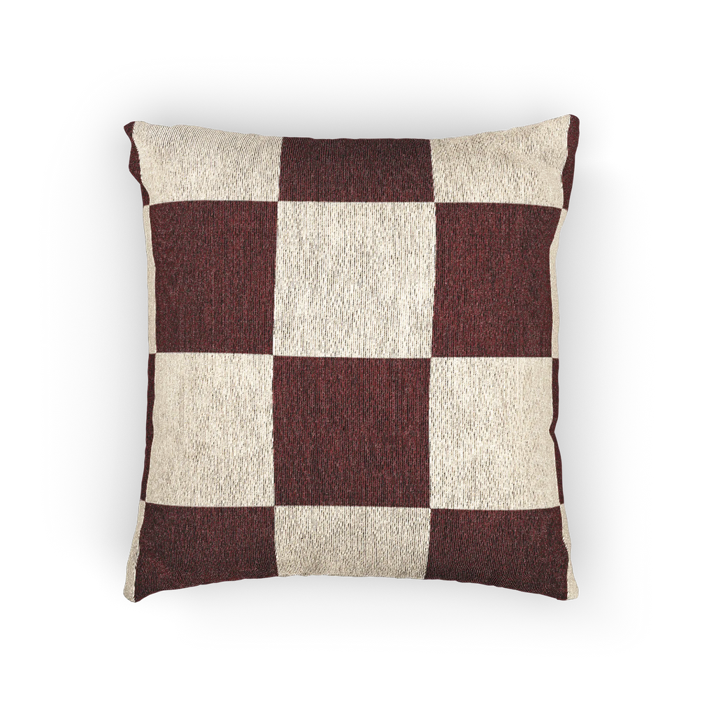 A back preview of the Rustic Burgundy & Cream Woven Checkered Pillow showing burgundy checker squares on a white ivory oatmeal background. 