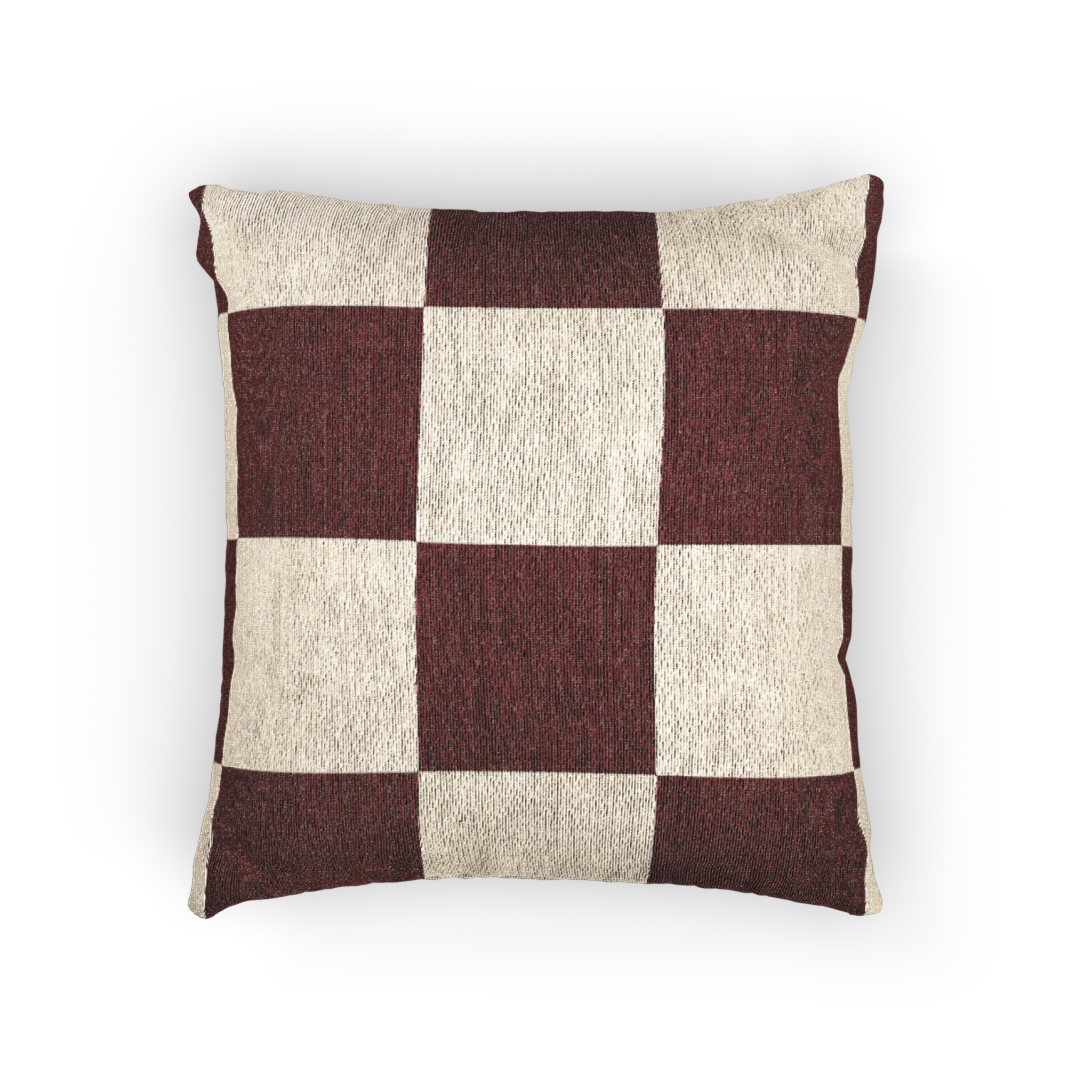 A front preview of the Rustic Burgundy & Cream Woven Checkered Pillow showing burgundy checker squares on a white ivory oatmeal background. 