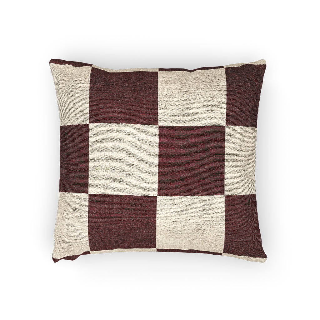 A horizontal preview of the Rustic Burgundy & Cream Woven Checkered Pillow showing burgundy checker squares on a white ivory oatmeal background. 