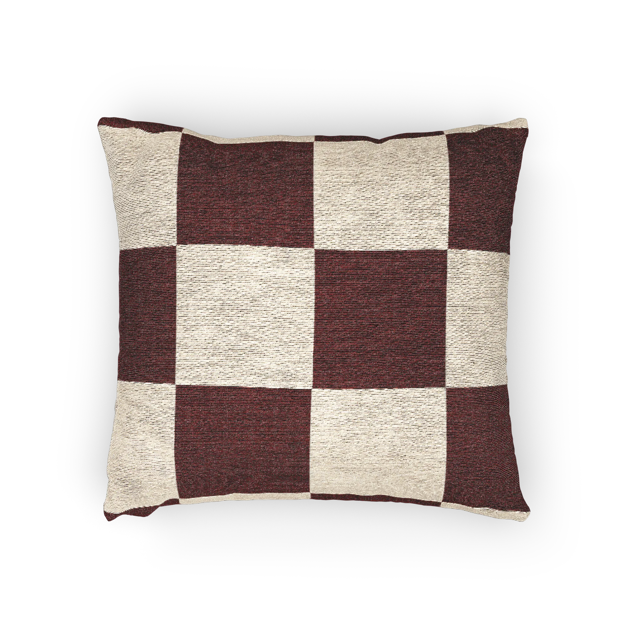 A horizontal preview of the Rustic Burgundy & Cream Woven Checkered Pillow showing burgundy checker squares on a white ivory oatmeal background. 