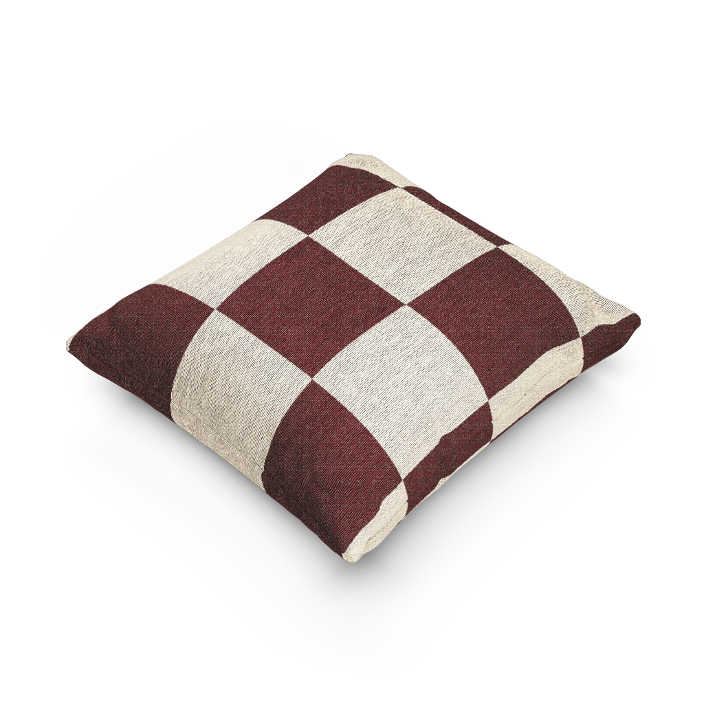 A side preview of the Rustic Burgundy & Cream Woven Checkered Pillow showing burgundy checker squares on a white ivory oatmeal background. 