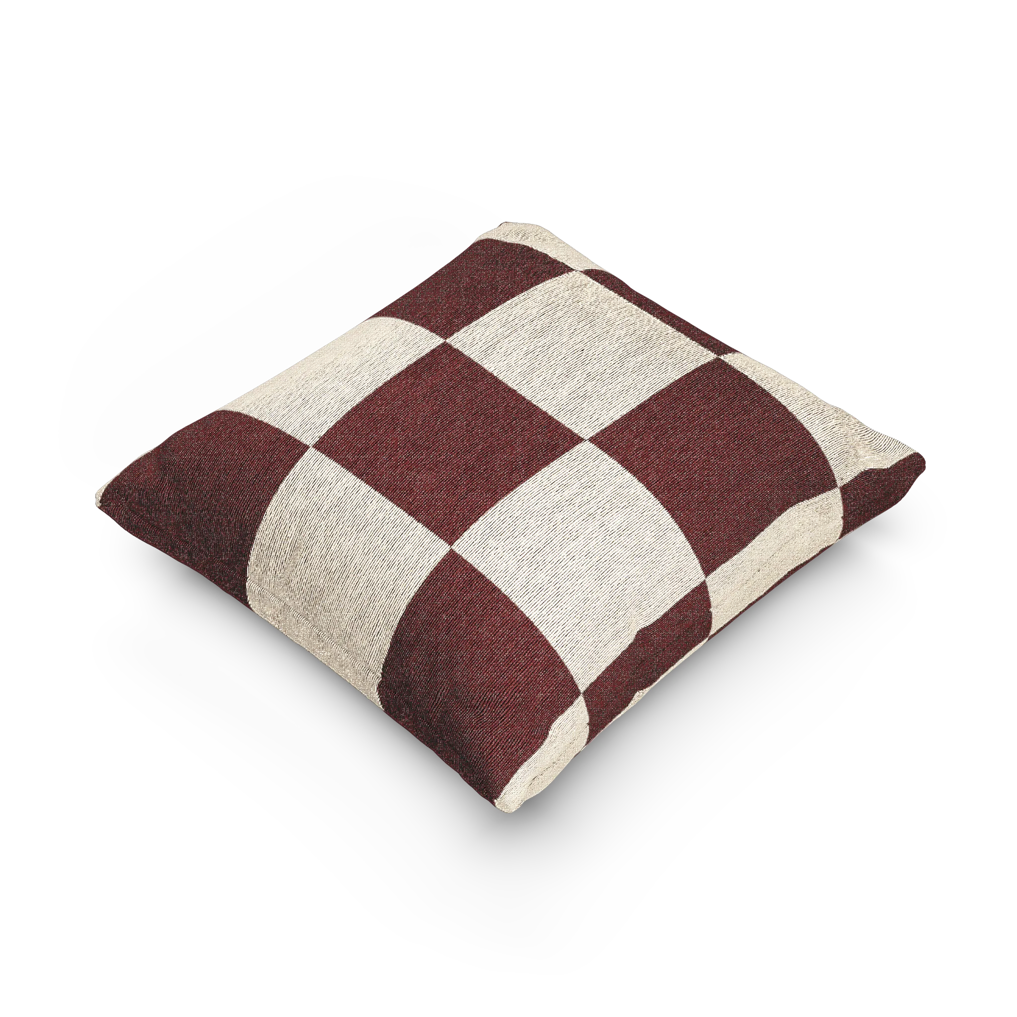 A side preview of the Rustic Burgundy & Cream Woven Checkered Pillow showing burgundy checker squares on a white ivory oatmeal background. 