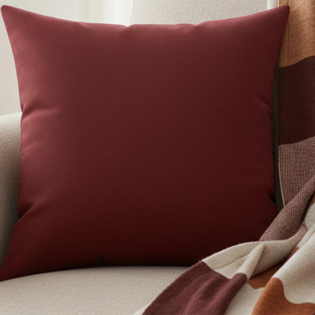 Bloodstone red faux suede pillow styled on sofa, deep red luxury home decor.
