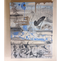 Blue Sky abstract painting in pale blue, gray, white, and black, with drips, scraped layers, and sweeping marks, front view.