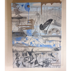 Blue Sky abstract painting in pale blue, gray, white, and black, with drips, scraped layers, and sweeping marks, front view.