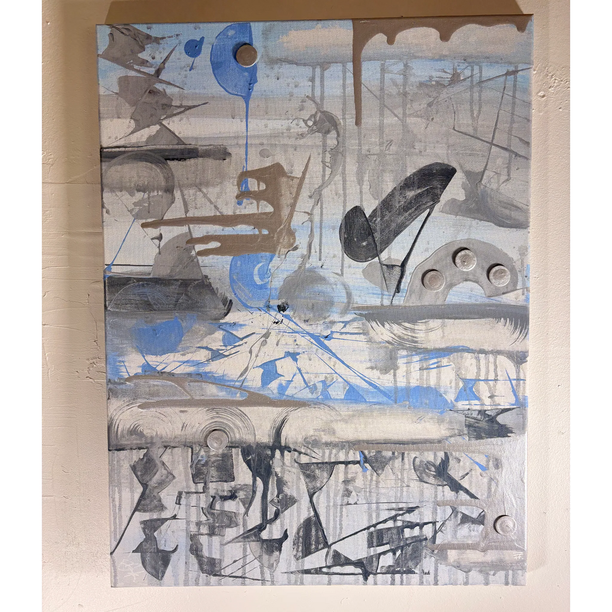 Blue Sky abstract painting in pale blue, gray, white, and black, with drips, scraped layers, and sweeping marks, front view.