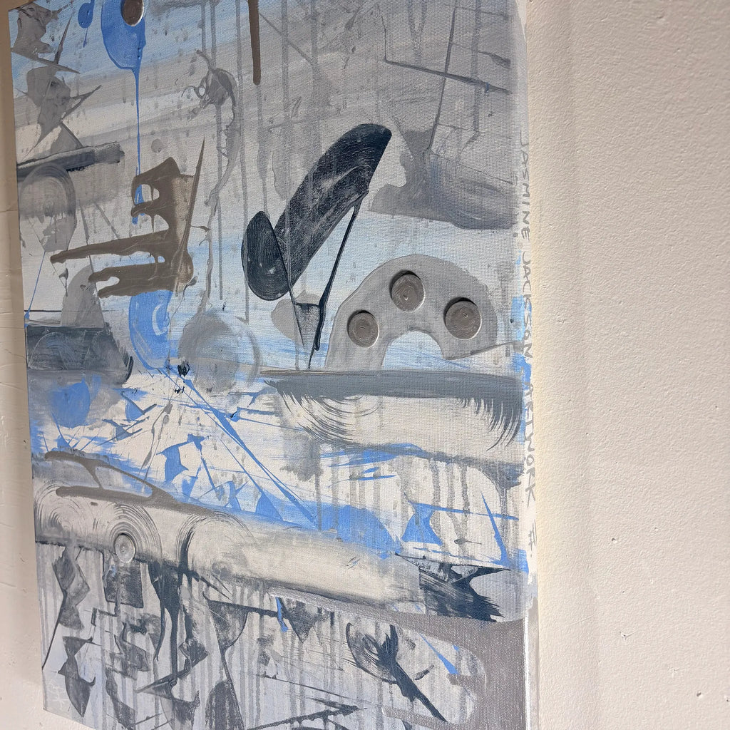 Blue Sky abstract painting viewed from the side, showing the painted canvas edge and layered surface.