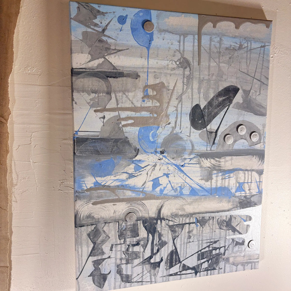 Blue Sky abstract painting displayed on a cream wall, viewed at an angle.