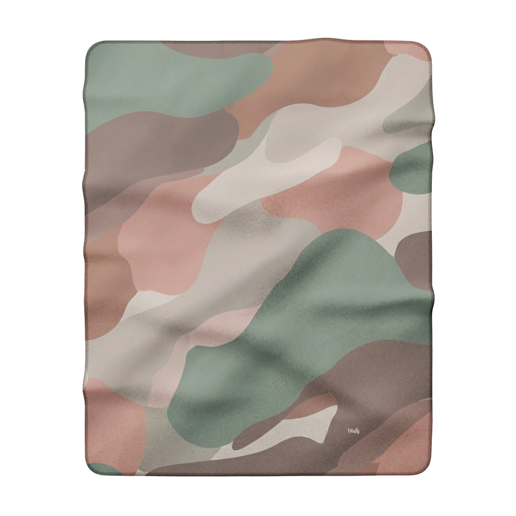 Sherpa blanket with blush, sage, cream, and taupe camo print, 30 by 40 inch front view.