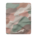 Sherpa blanket with blush, sage, cream, and taupe camo print, 30 by 40 inch front view.
