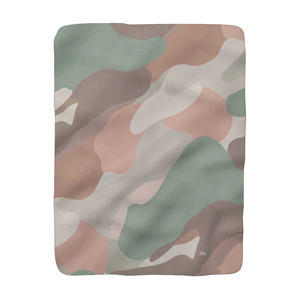 Sherpa blanket with blush, sage, cream, and taupe camo print, 50 by 60 inch front view.