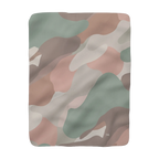 Sherpa blanket with blush, sage, cream, and taupe camo print, 50 by 60 inch front view.