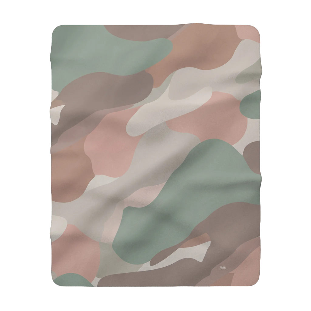 Sherpa blanket with blush, sage, cream, and taupe camo print, 60 by 80 inch front view.