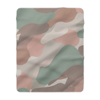 Sherpa blanket with blush, sage, cream, and taupe camo print, 60 by 80 inch front view.
