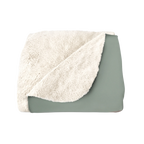 Folded sherpa blanket with cream plush backing turned over to show the muted sage printed side.