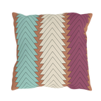Boho chevron outdoor pillow, teal cream magenta on terracotta ground, back view.