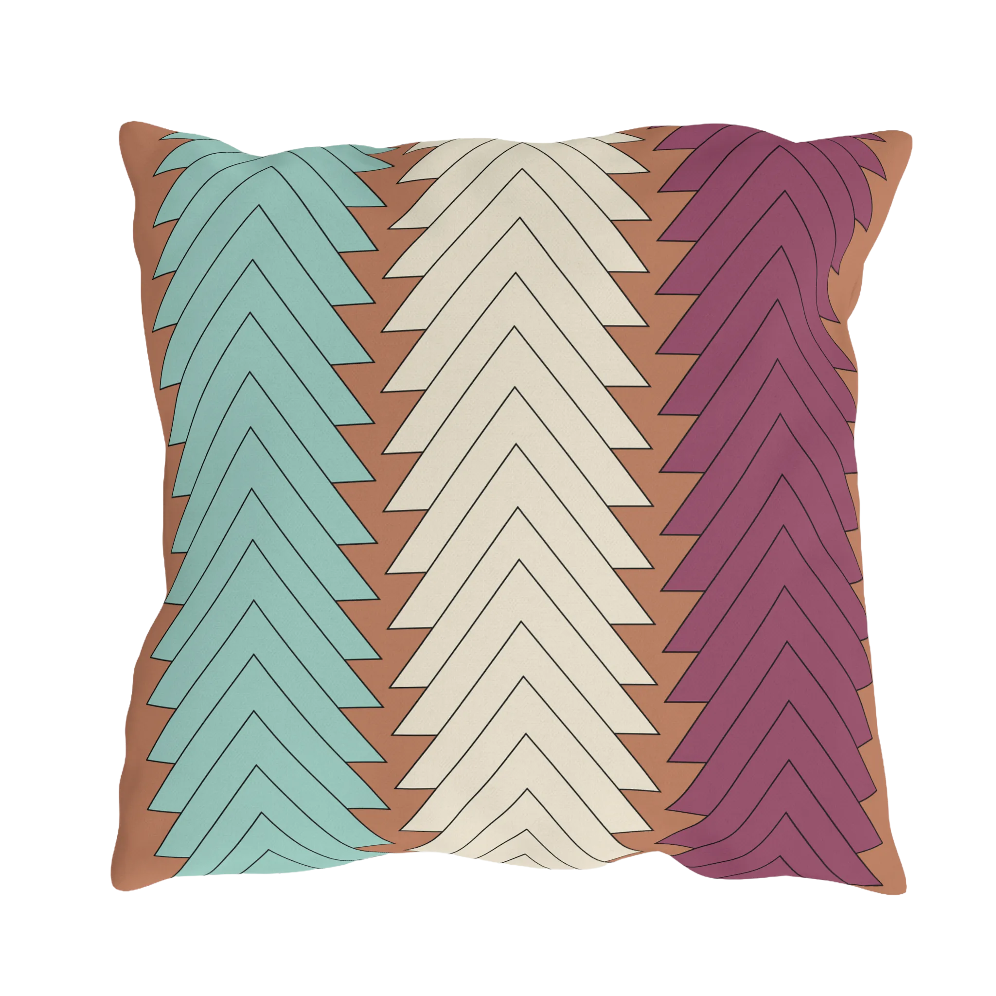 Boho chevron outdoor pillow, teal cream magenta on terracotta ground, back view.