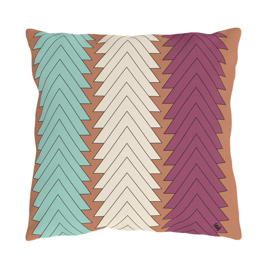 Boho chevron outdoor pillow, teal cream magenta on terracotta ground, front view.
