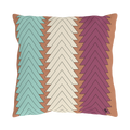 Boho chevron outdoor pillow, teal cream magenta on terracotta ground, front view.