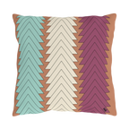 Boho chevron outdoor pillow, teal cream magenta on terracotta ground, front view.