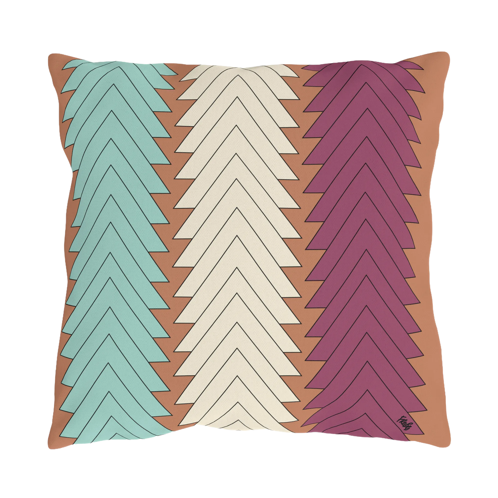 Boho chevron outdoor pillow, teal cream magenta on terracotta ground, front view.