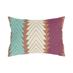 Boho chevron outdoor lumbar pillow, teal cream magenta on terracotta ground, front view.