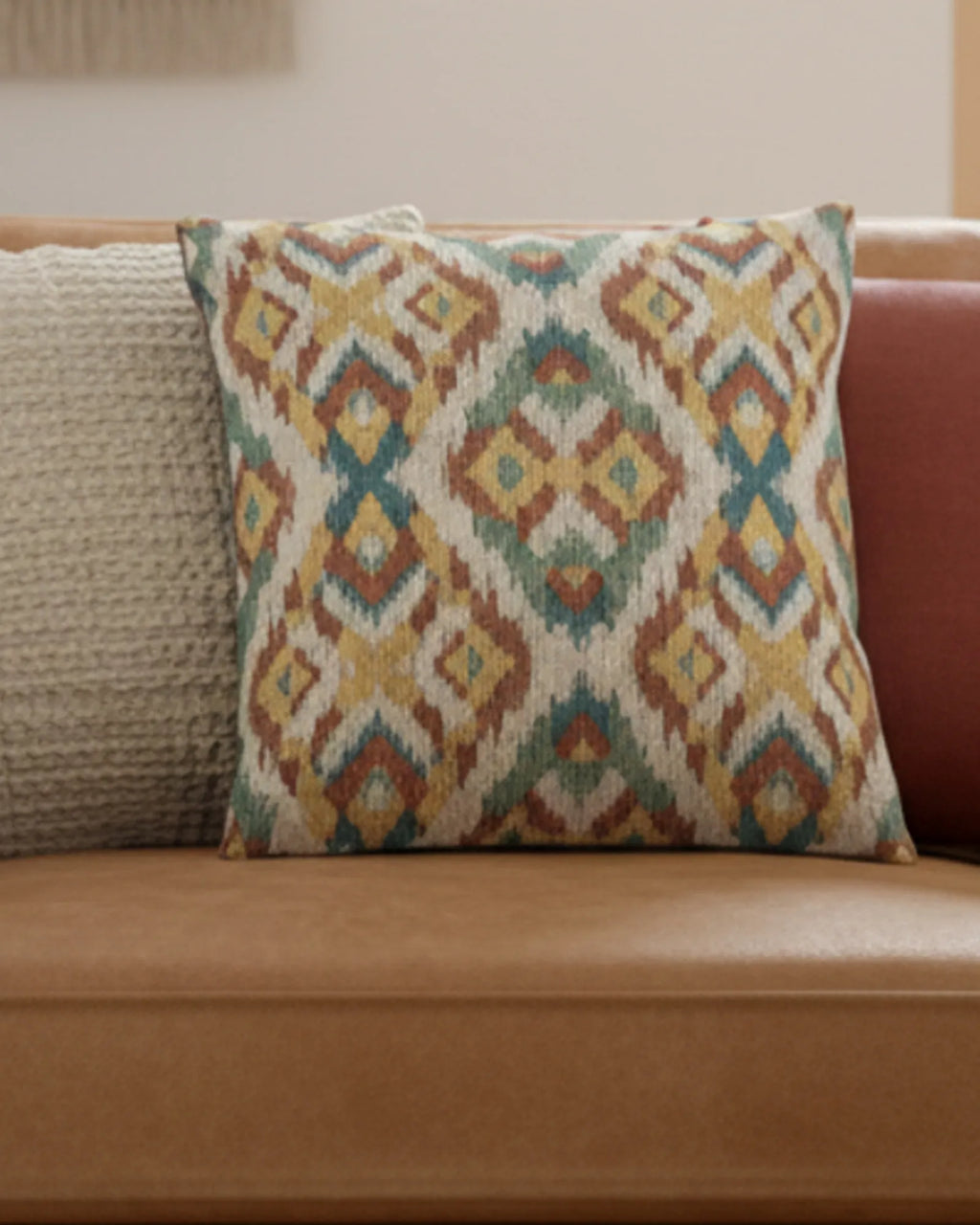 Tan leather sofa in a warm boho living room layered with a cream chunky knit pillow and woven wall art styled with the Multicolor Arrow Ikat Woven Pillow.