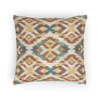 A horizontal view of the Boho Multicolored Arrow Ikat Woven Pillow showing an arrow ikat pattern in a dark terracotta, dark sage, abstract teal and mustard yellow on a beige background. 