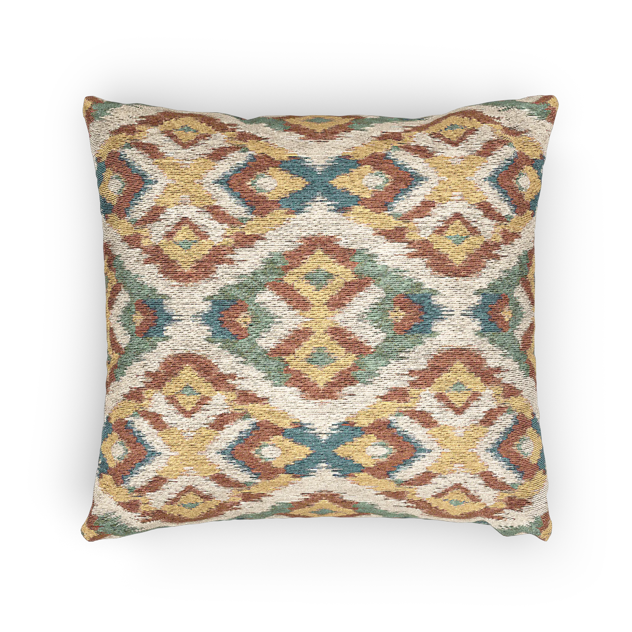A horizontal view of the Boho Multicolored Arrow Ikat Woven Pillow showing an arrow ikat pattern in a dark terracotta, dark sage, abstract teal and mustard yellow on a beige background. 