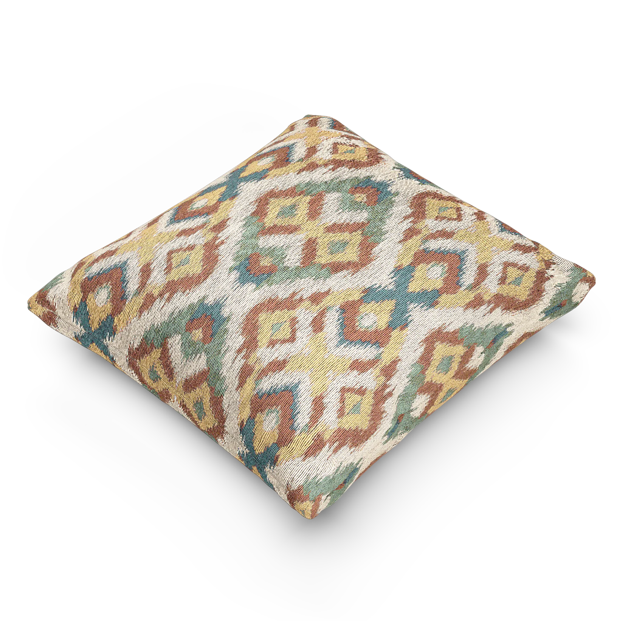 A side view of the Boho Multicolored Arrow Ikat Woven Pillow showing an arrow ikat pattern in a dark terracotta, dark sage, abstract teal and mustard yellow on a beige background. 
