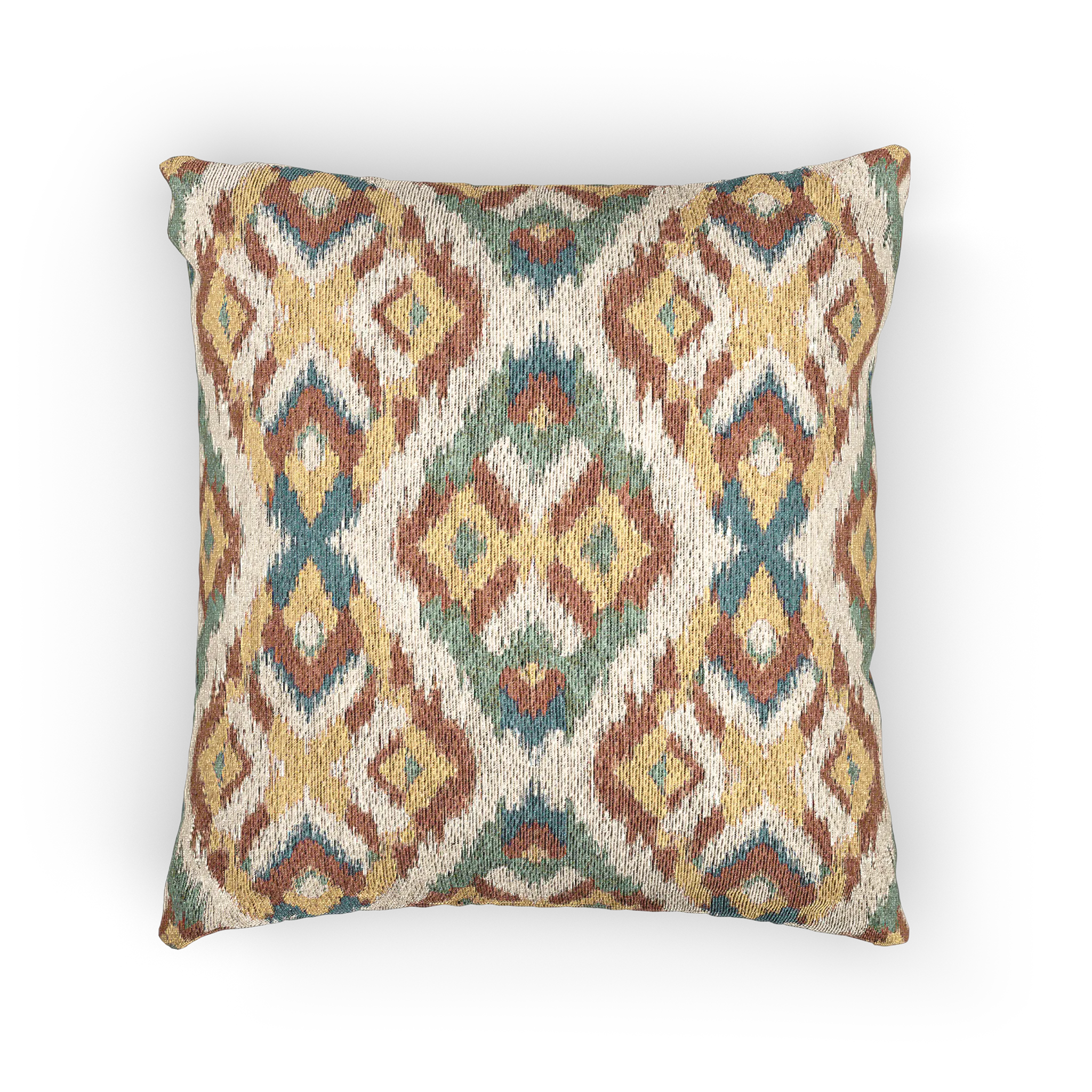 A back view of the Boho Multicolored Arrow Ikat Woven Pillow showing an arrow ikat pattern in a dark terracotta, dark sage, abstract teal and mustard yellow on a beige background. 
