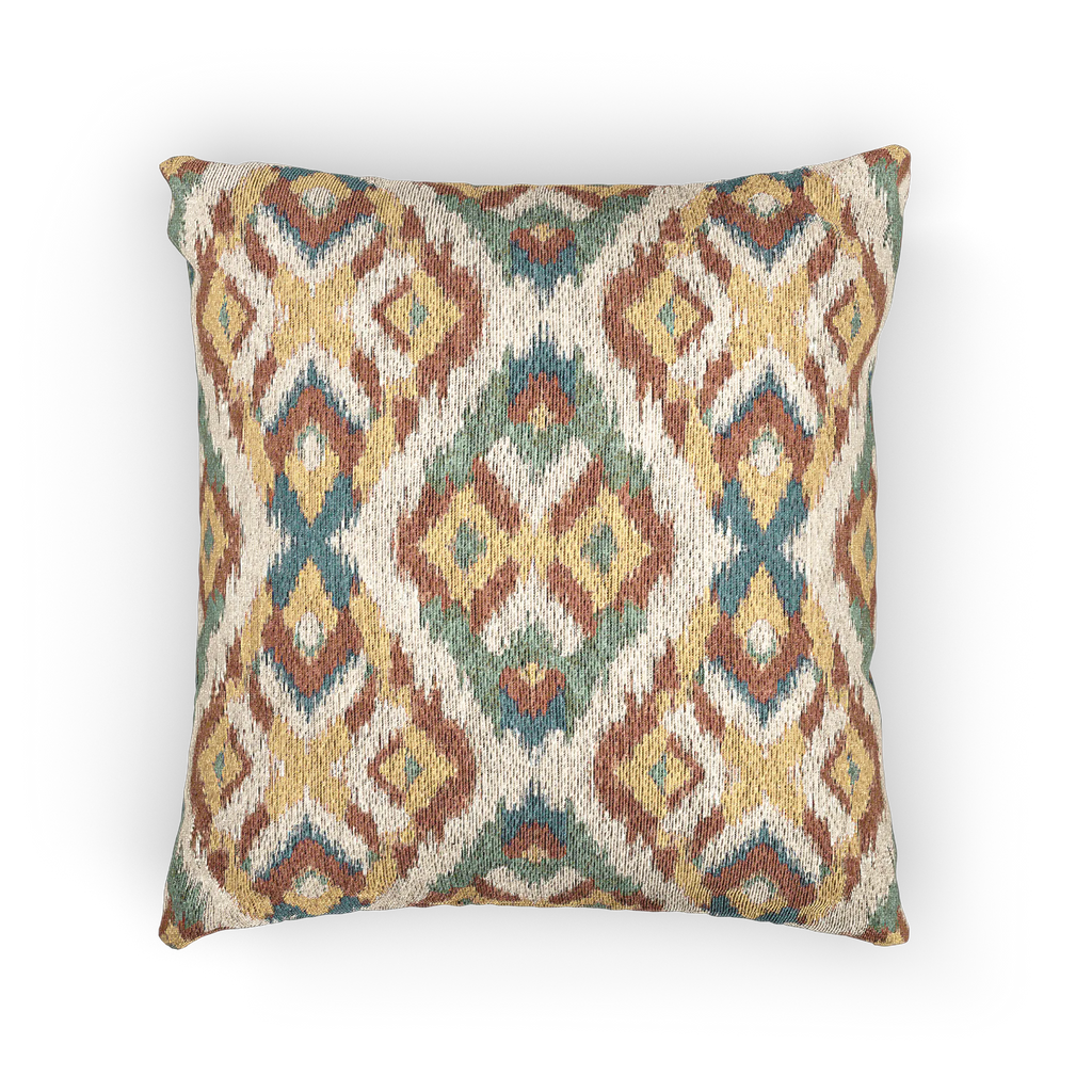 A front view of the Boho Multicolored Arrow Ikat Woven Pillow showing an arrow ikat pattern in a dark terracotta, dark sage, abstract teal and mustard yellow on a beige background. 