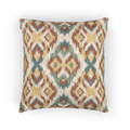 A front view of the Boho Multicolored Arrow Ikat Woven Pillow showing an arrow ikat pattern in a dark terracotta, dark sage, abstract teal and mustard yellow on a beige background. 